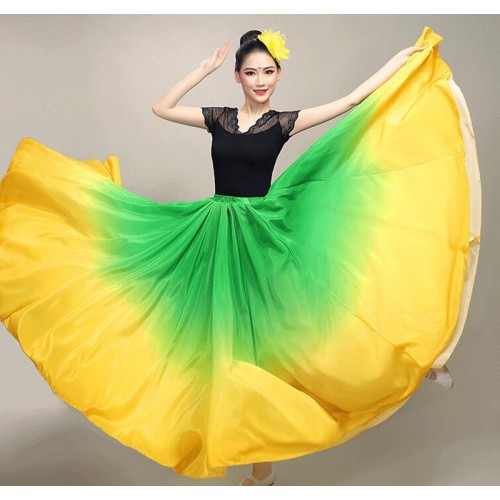 Women girls Xinjiang dance skirts green with yellow spanish flamenco bull dance swing skirts  stage ballroom dance costumes